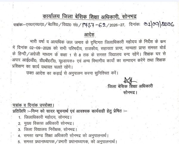 सोनभद्र में भारी बारिश के चलते 2 सितंबर को भी बंद रहेंगे कक्षा 1 से 8 तक के स्कूल